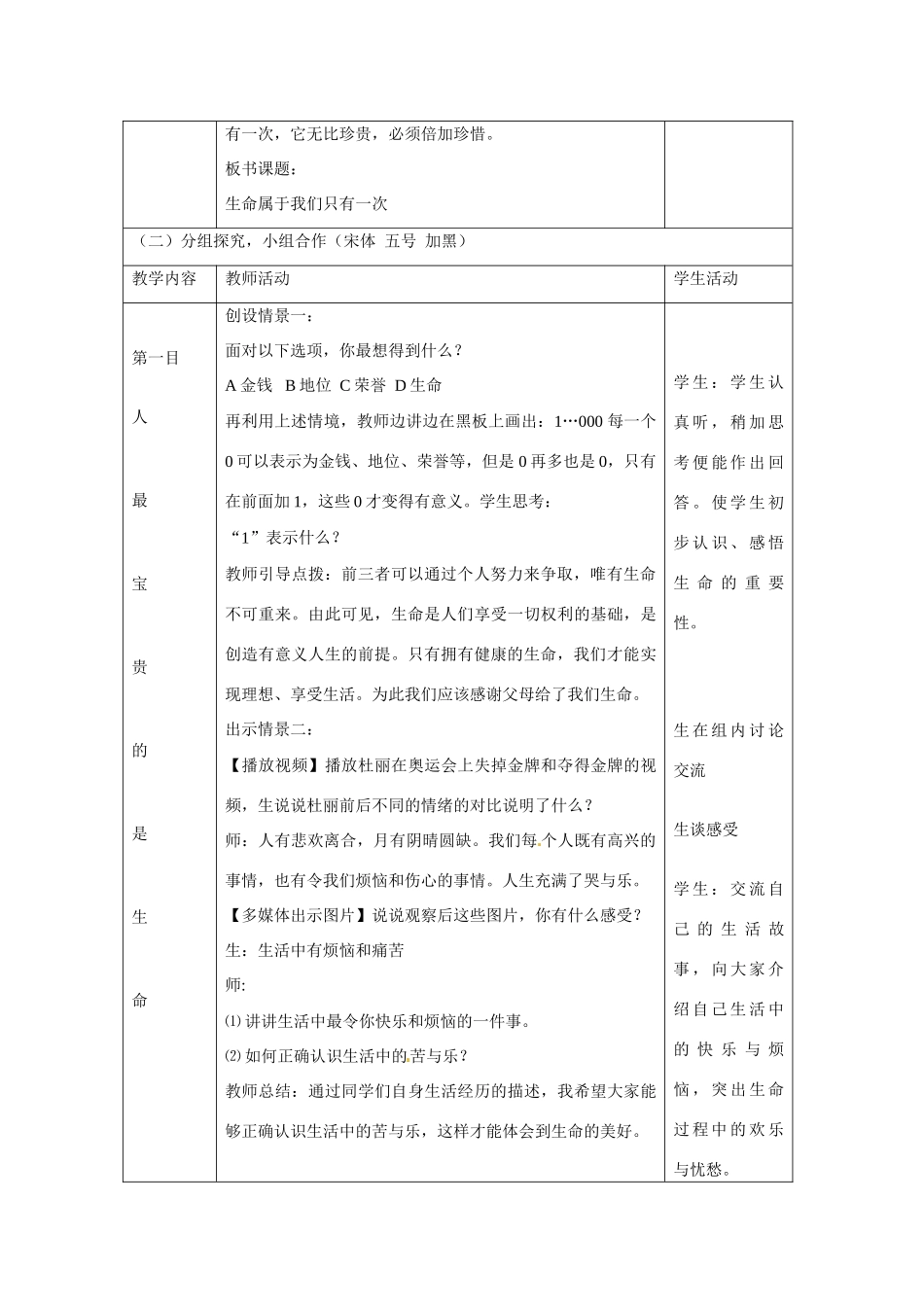 七年级思想品德上册 生命最宝贵教学设计 鲁教版教材_第2页