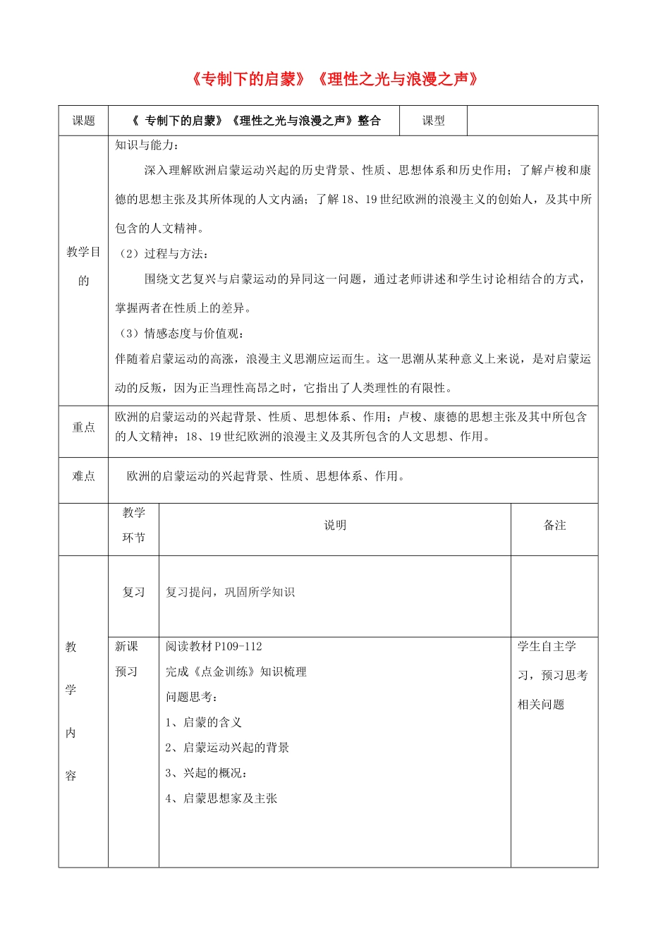 四川省宜宾市一中高二历史《专制下的启蒙、理性之光与浪漫之声》教学设计-人教版高二全册历史教案_第1页
