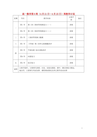 湖南省长沙市一中高中数学 第9周（4月21日—4月25日）周教学计划教案 新人教A版必修4