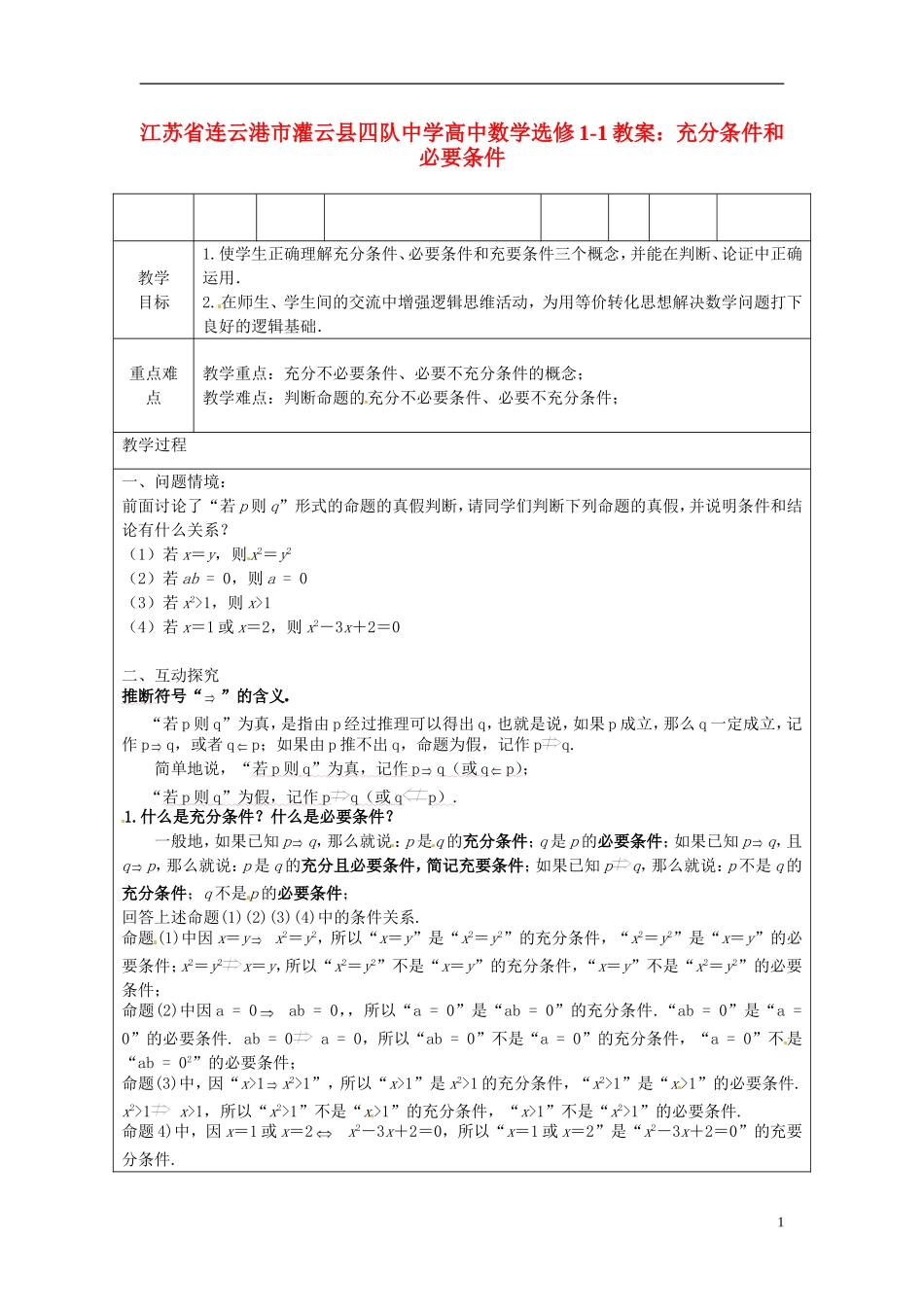 江苏省连云港市灌云县四队中学高中数学 充分条件和必要条件教案 苏教版选修1-1_第1页