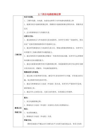 高中物理 第二章 恒定电流 第二章 恒定电流 2.7 闭合电路欧姆定律教案 新人教版选修3-1-新人教版高二选修3-1物理教案