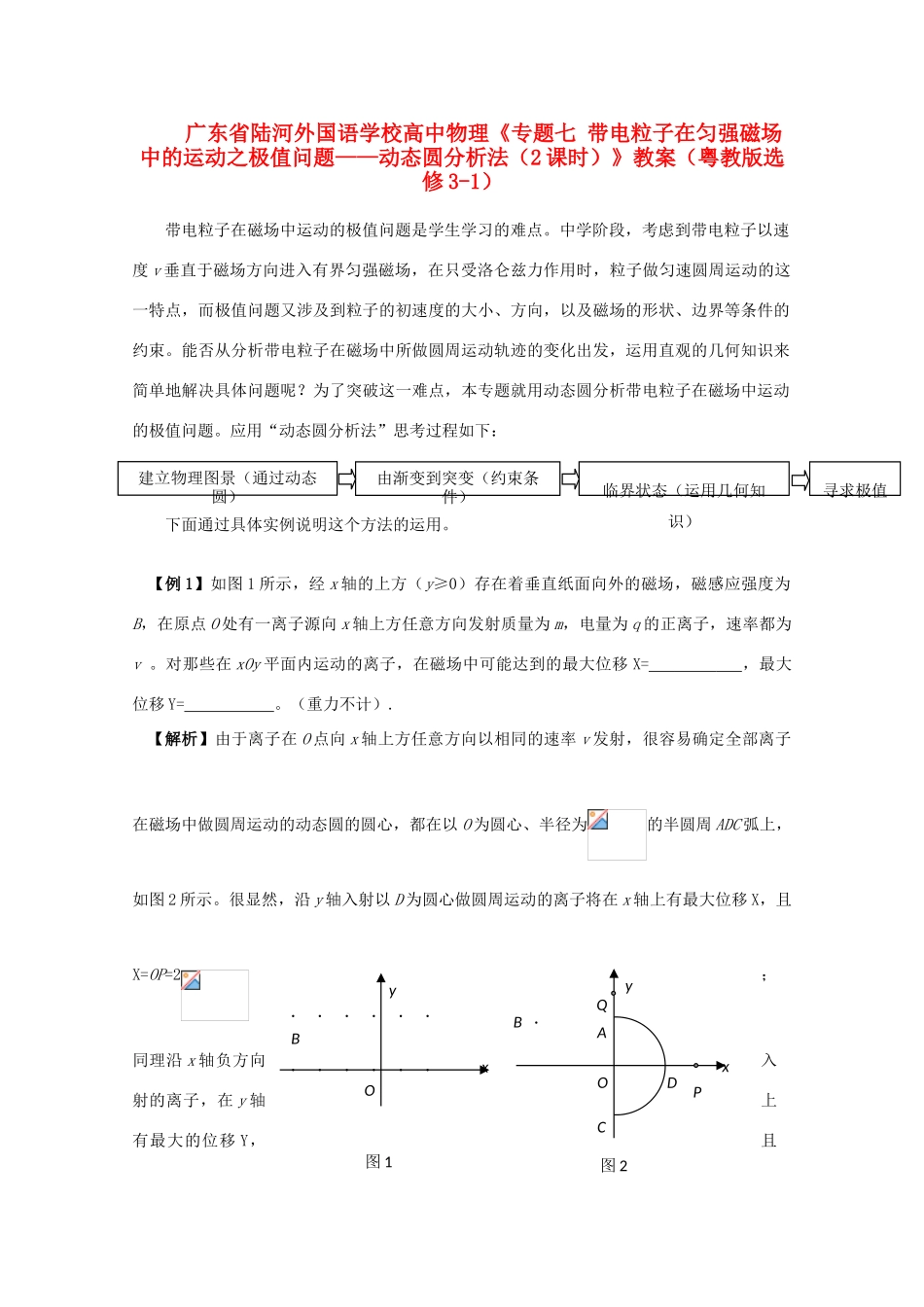广东省陆河外国语学校高中物理《专题七 带电粒子在匀强磁场中的运动之极值问题 动态圆分析法（2课时）》教案 粤教版选修3-1_第1页