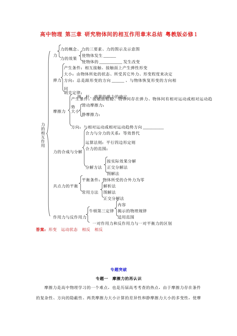 高中物理 第三章 研究物体间的相互作用章末总结 粤教版必修1_第1页