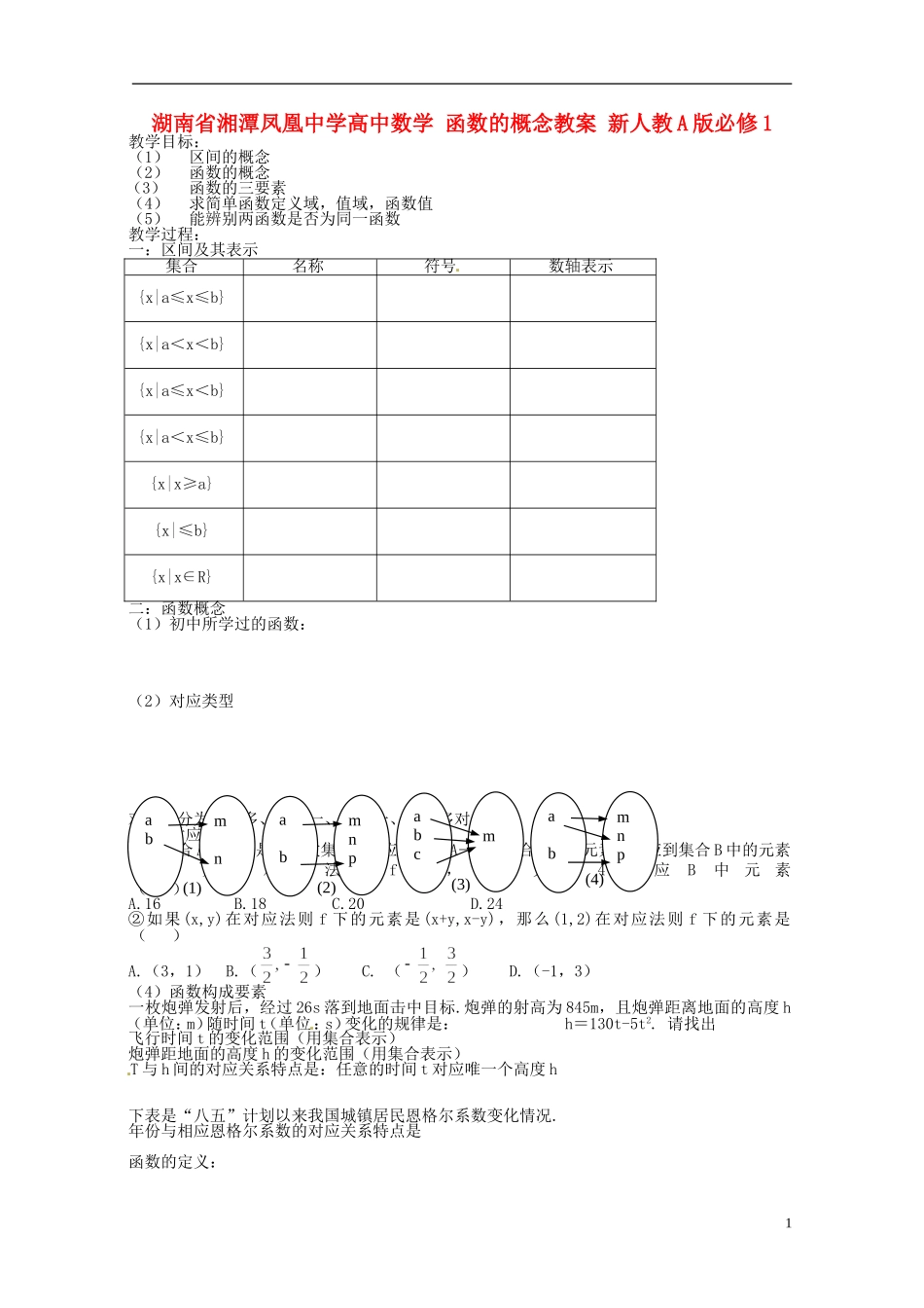 湖南省湘潭凤凰中学高中数学 函数的概念教案 新人教A版必修1_第1页