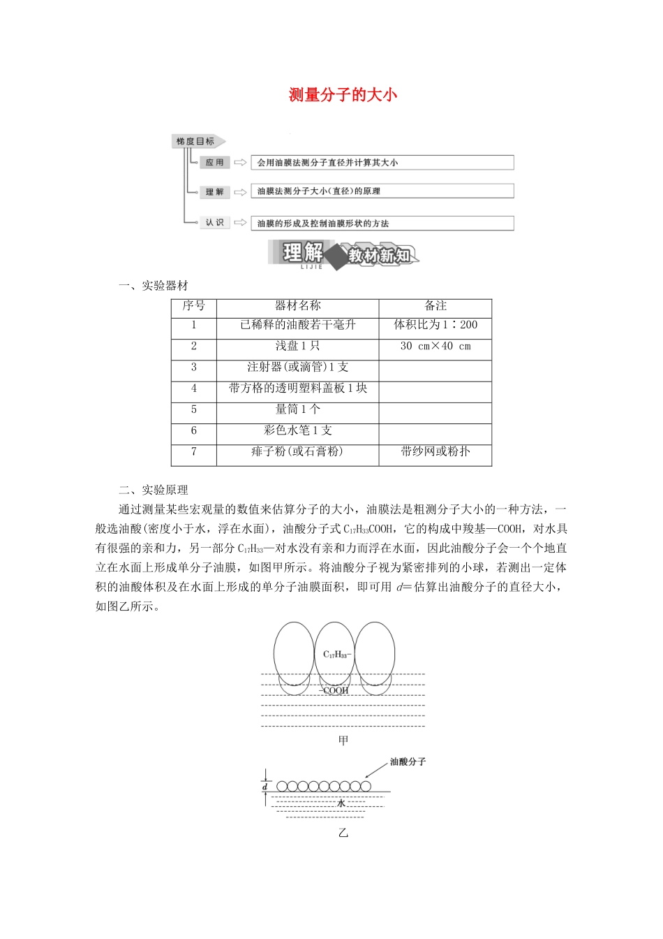 高中物理 第一章 分子动理论 第二节 测量分子的大小讲义（含解析）粤教版选修3-3-粤教版高二选修3-3物理教案_第1页