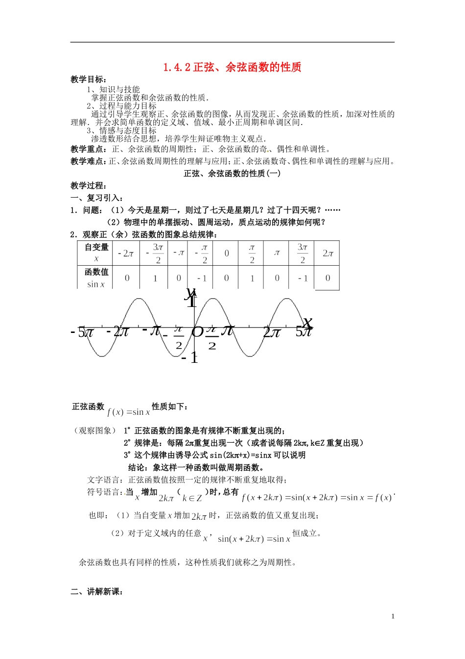 湖北省恩施巴东县第一高级中学高中数学 1.4.2正弦、余弦函数的性质教案 新人教A版必修4_第1页
