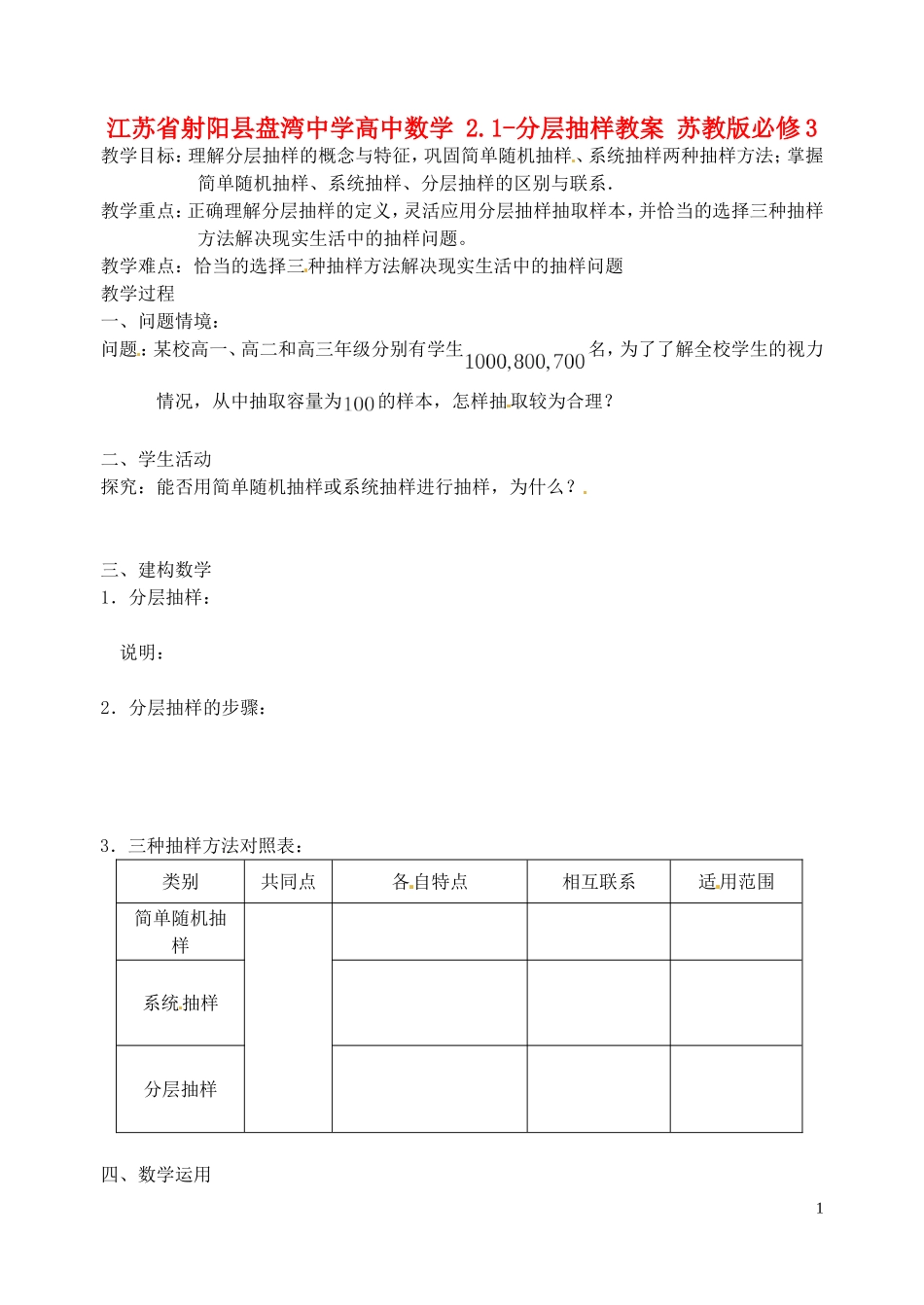 江苏省射阳县盘湾中学高中数学 2.1-分层抽样教案 苏教版必修3_第1页