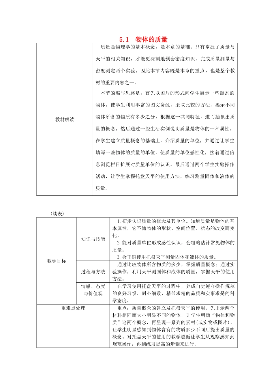 八年级物理上册 5.1物体的质量导学设计 （新版）粤教沪版-（新版）粤教沪版初中八年级上册物理学案_第1页