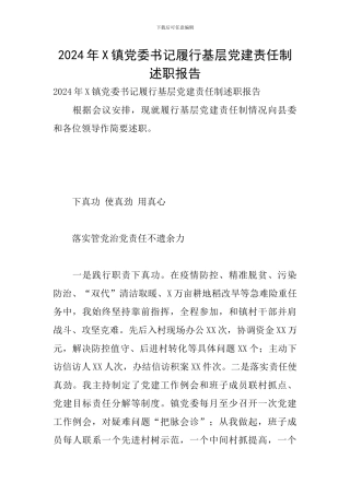 2024年X镇党委书记履行基层党建责任制述职报告