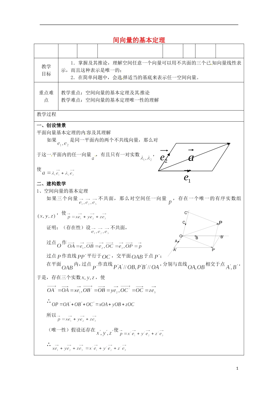 重庆市万州分水中学高中数学《空间向量基本定理》教案 苏教版选修2-1_第1页