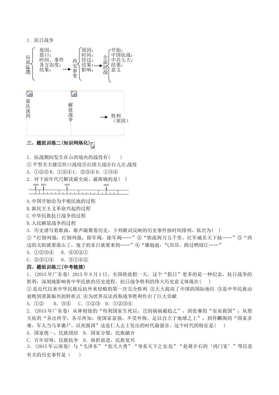 山西省阳泉市平定县中考历史 单元知识复习 第一部分 主题十二 中华民族的抗日战争与人民解放战争的胜利导学案 华东师大版-华东师大版初中九年级全册历史学案_第2页