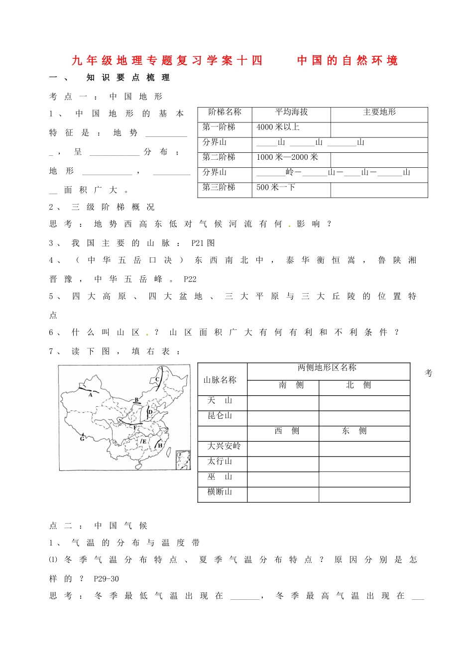 九年级地理专题复习学案14 中国的自然环境湘教版_第1页