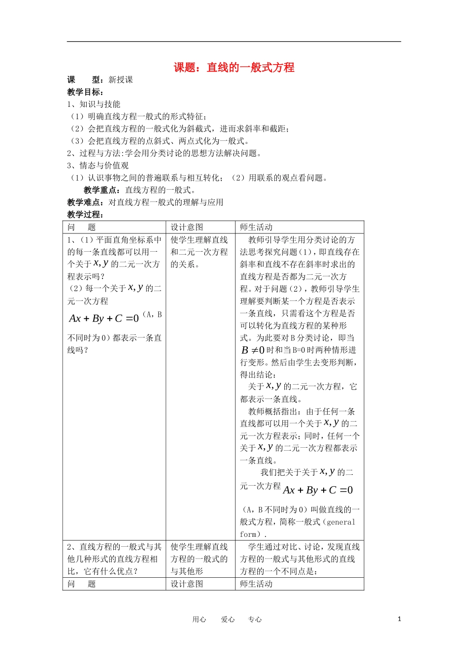 世纪金榜 高中数学 课题：直线的一般式方程教案 新人教A版_第1页