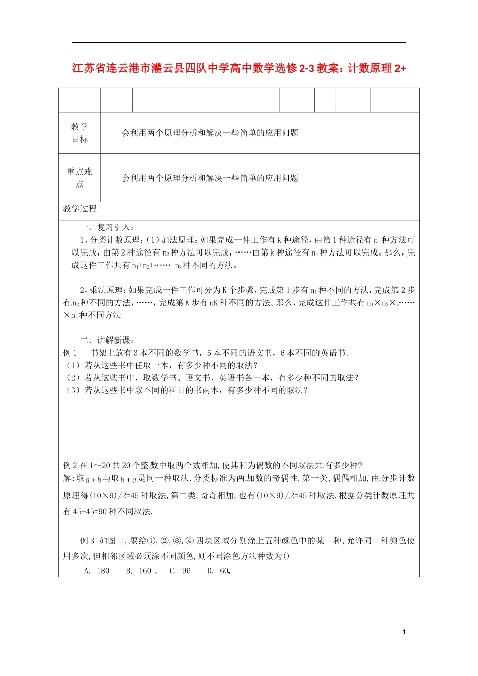 江苏省连云港市灌云县四队中学高中数学 计数原理2教案 苏教版选修2-3_第1页