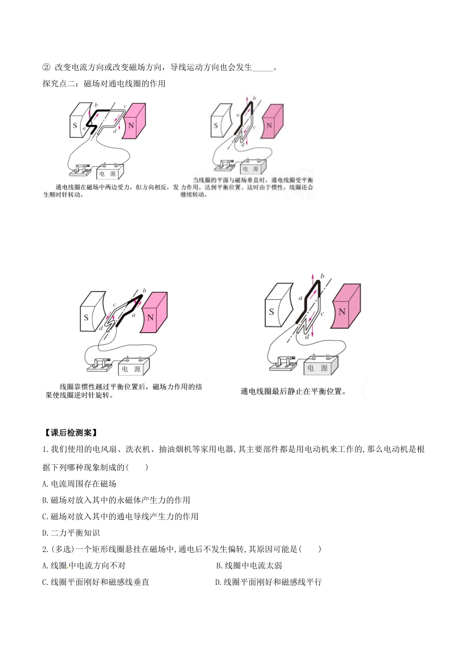 北大绿卡九年级物理全册 第20章 第4节 电动机导学案 （新版）新人教版-（新版）新人教版初中九年级全册物理学案_第2页