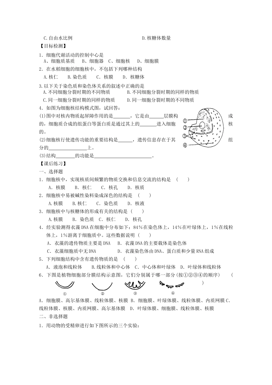 云南省德宏州梁河县第一中学高中生物 3.3细胞核 系统的控制中心教案1 新人教版必修1_第2页