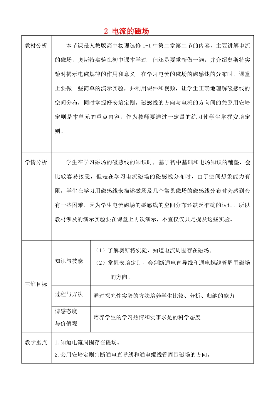 高中物理 第二章 磁场 2 电流的磁场教案 新人教版选修1-1-新人教版高二选修1-1物理教案_第1页