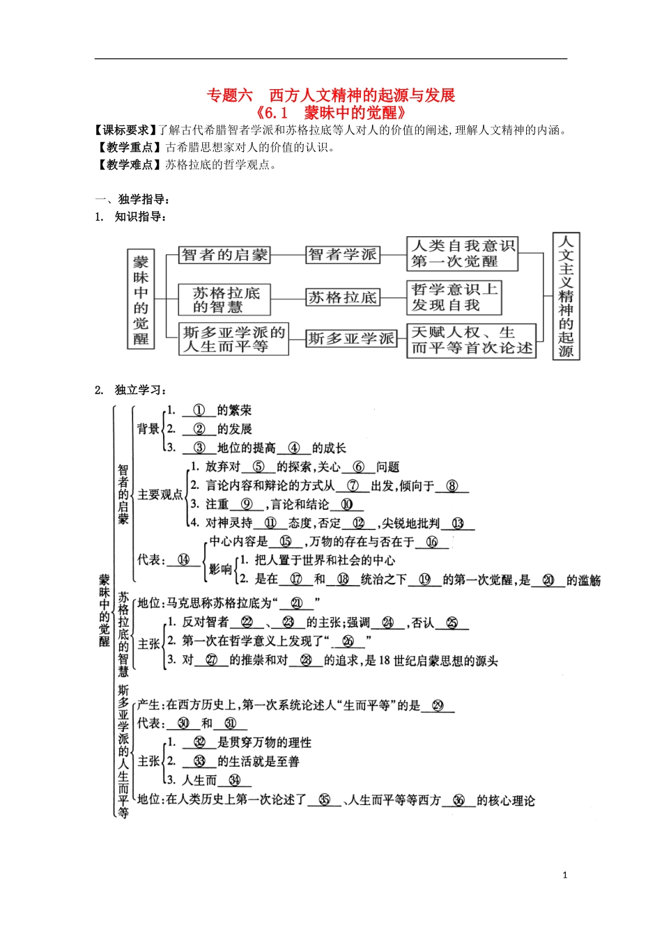 重庆市江津五中高中历史《6.1 蒙昧中的觉醒》教案 人民版必修3_第1页