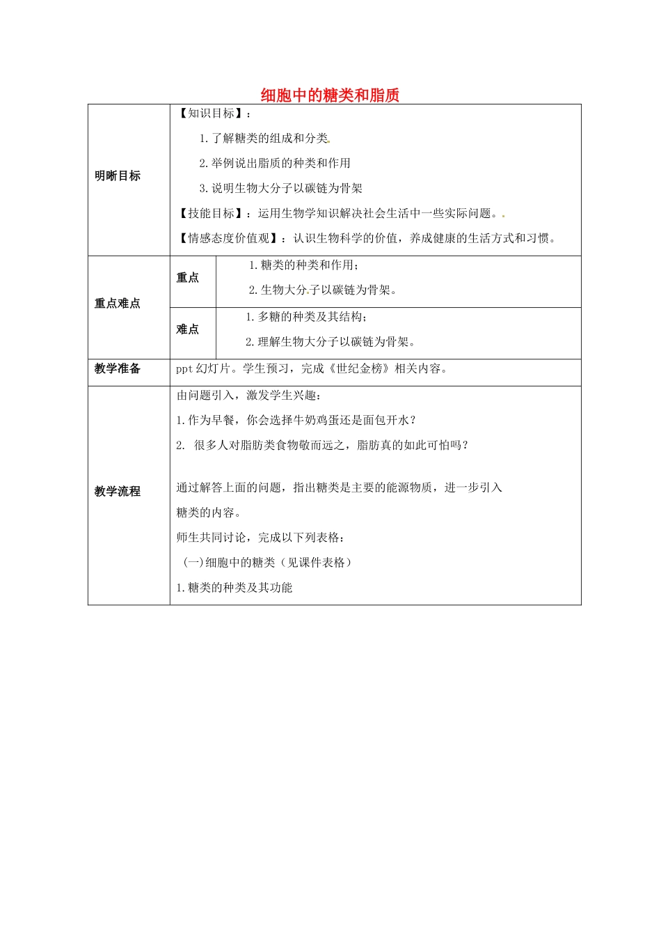 云南省师范大学五华区实验中学高中生物 第二章 组成细胞的分子 第四节 细胞中的糖类和脂质教案 新人教版必修1_第1页