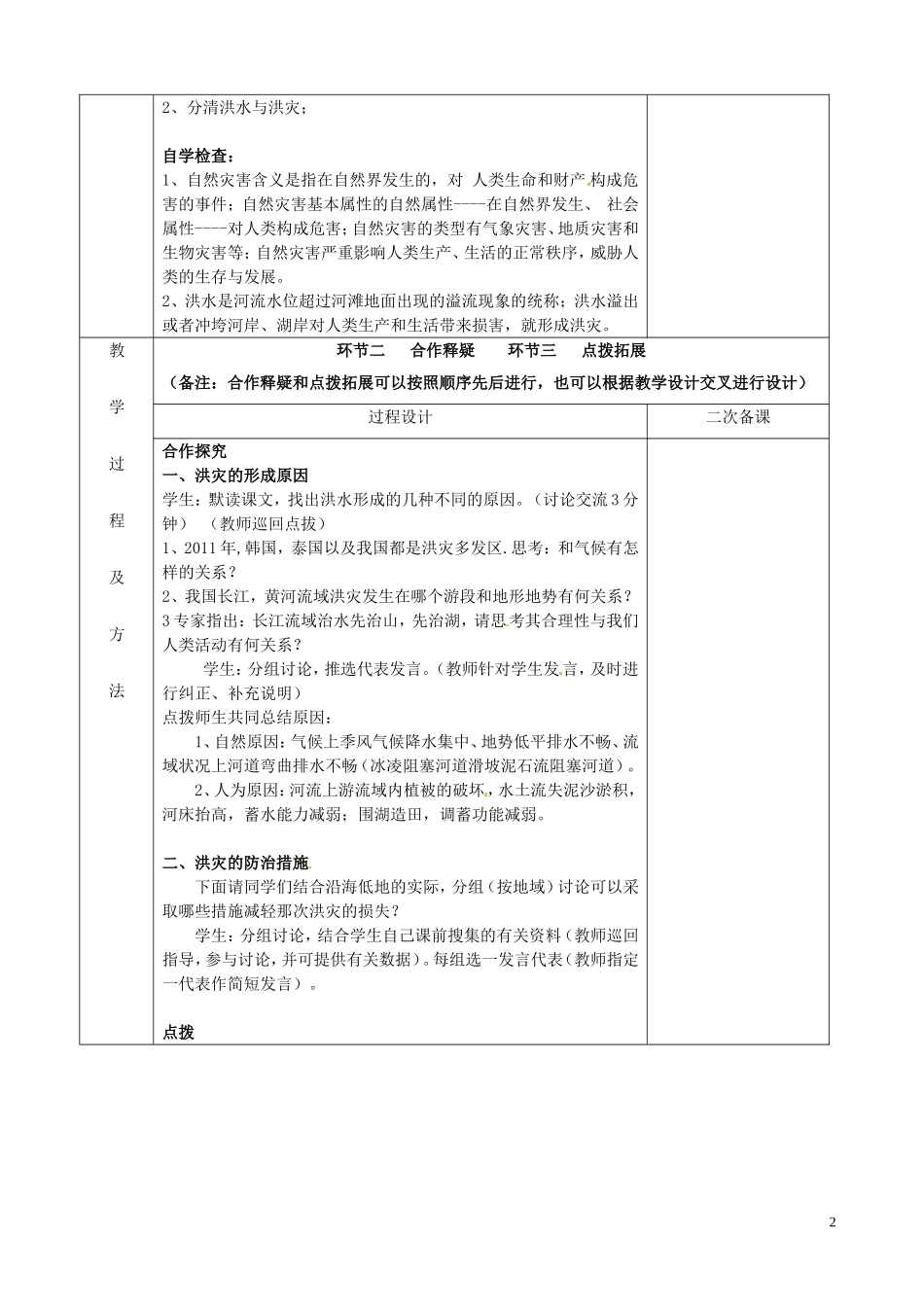 江苏省徐州市睢宁县菁华高级中学20014年高中地理 第三单元 第二节 自然灾害与人类 以洪灾为例（第一课时）四步教学法教案 鲁教版必修2_第2页