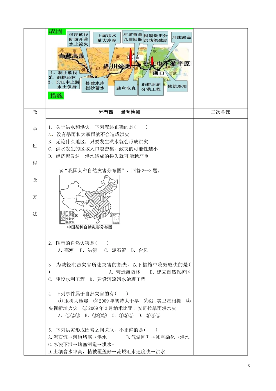 江苏省徐州市睢宁县菁华高级中学20014年高中地理 第三单元 第二节 自然灾害与人类 以洪灾为例（第一课时）四步教学法教案 鲁教版必修2_第3页