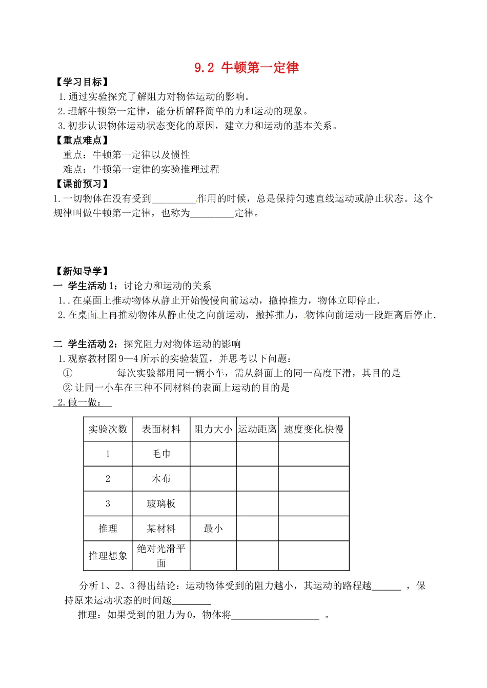江苏省丹阳市后巷实验中学八年级物理下册 9.2 牛顿第一定律学案2（无答案） 苏科版_第1页