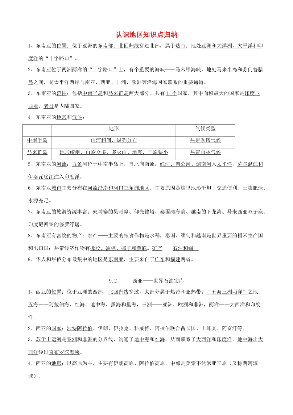 2015年春七年级地理下册 第九章 认识地区知识点归纳 晋教版_第1页