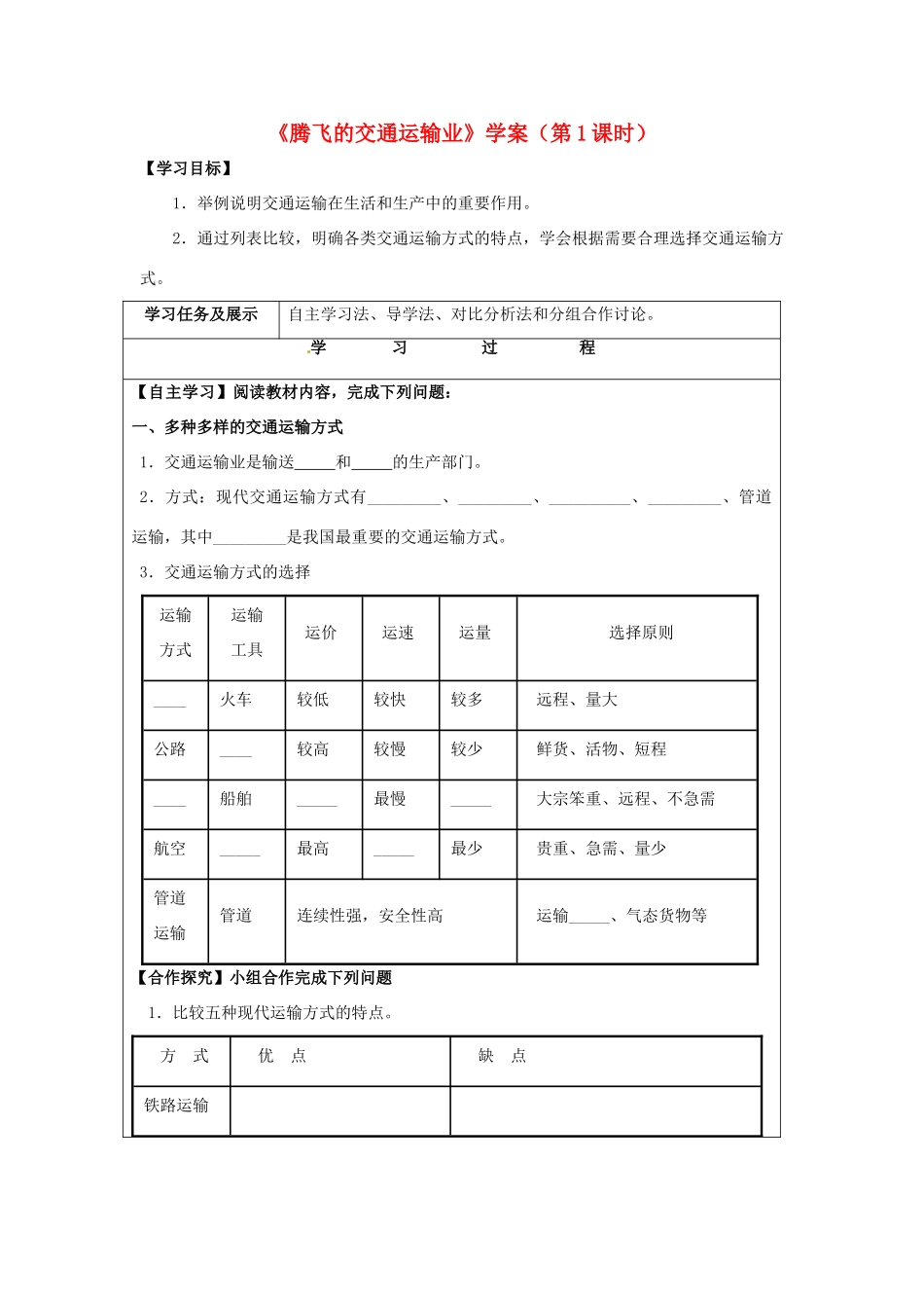 八年级地理上册 4.3 腾飞的交通运输业（第1课时）学案 晋教版-人教版初中八年级上册地理学案_第1页