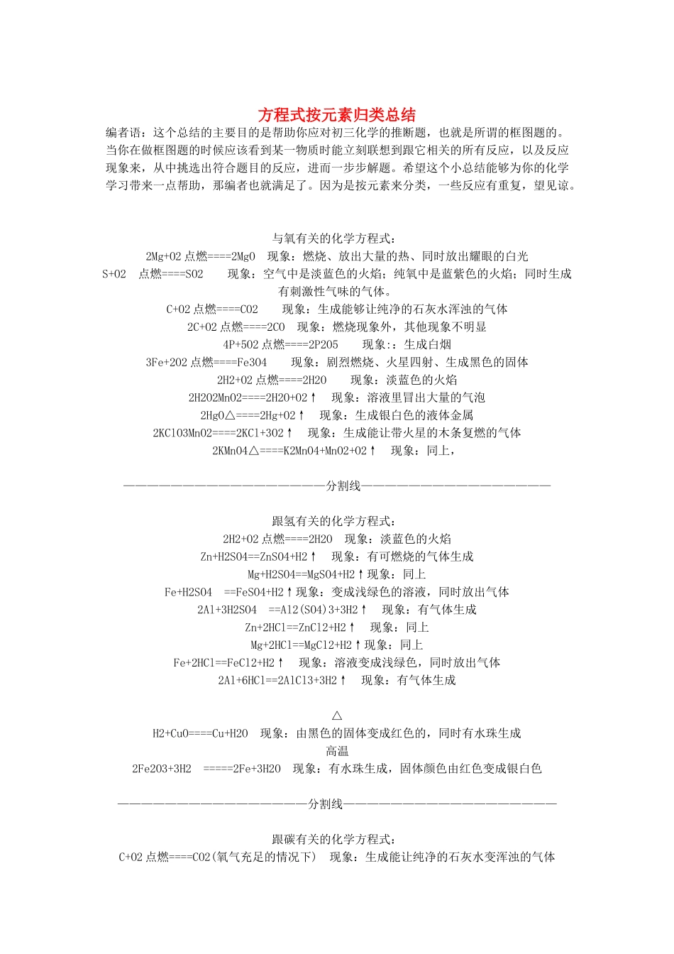 河南省洛阳市第二外国语学校九年级化学 方程式总结及现象学案_第1页