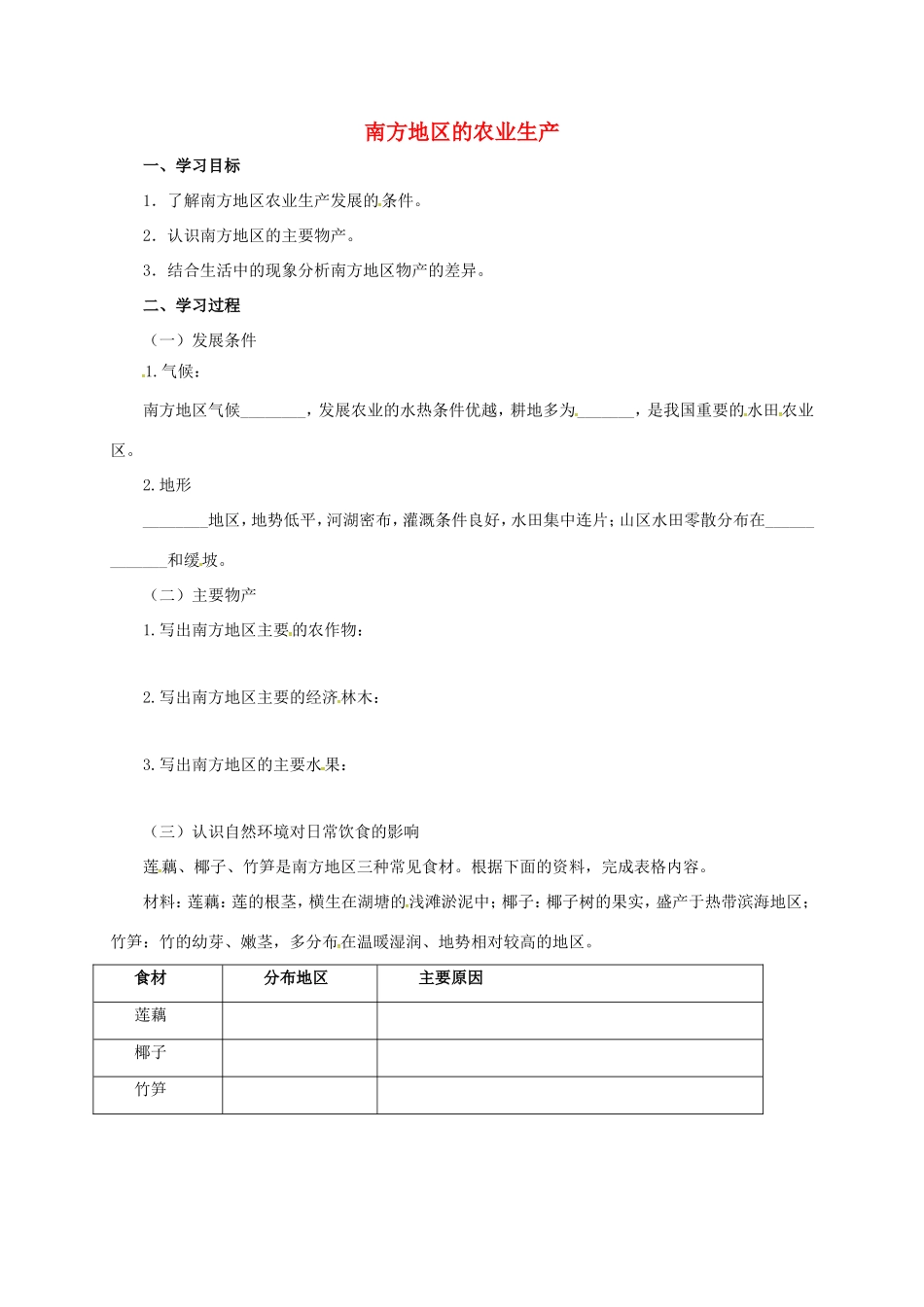 辽宁省凌海市八年级地理下册 南方地区的农业生产导学案 （新版）新人教版-（新版）新人教版初中八年级下册地理学案_第1页