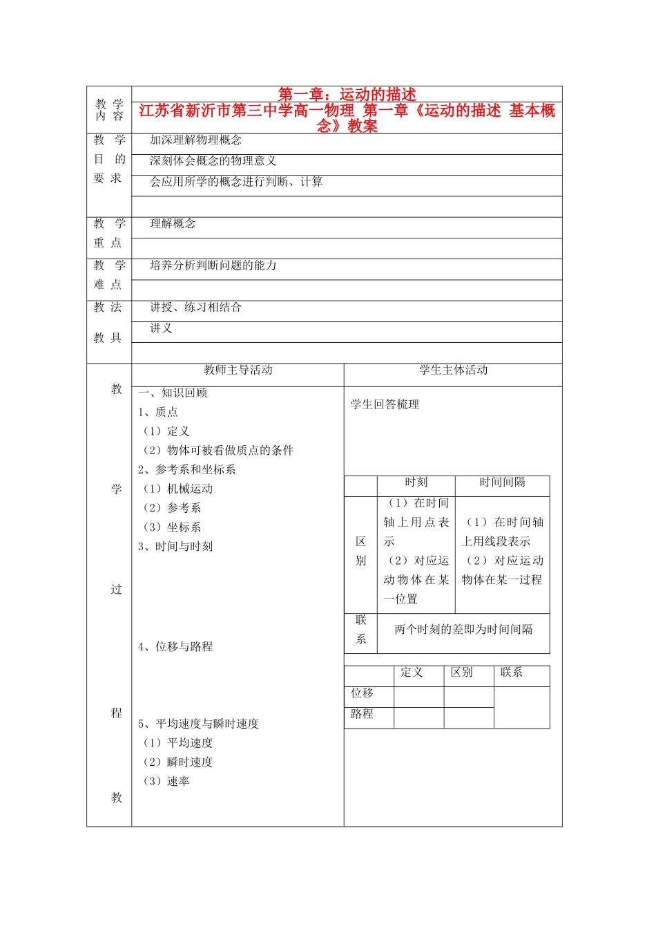江苏省新沂市第三中学高一物理 第一章《运动的描述 基本概念》教案_第2页
