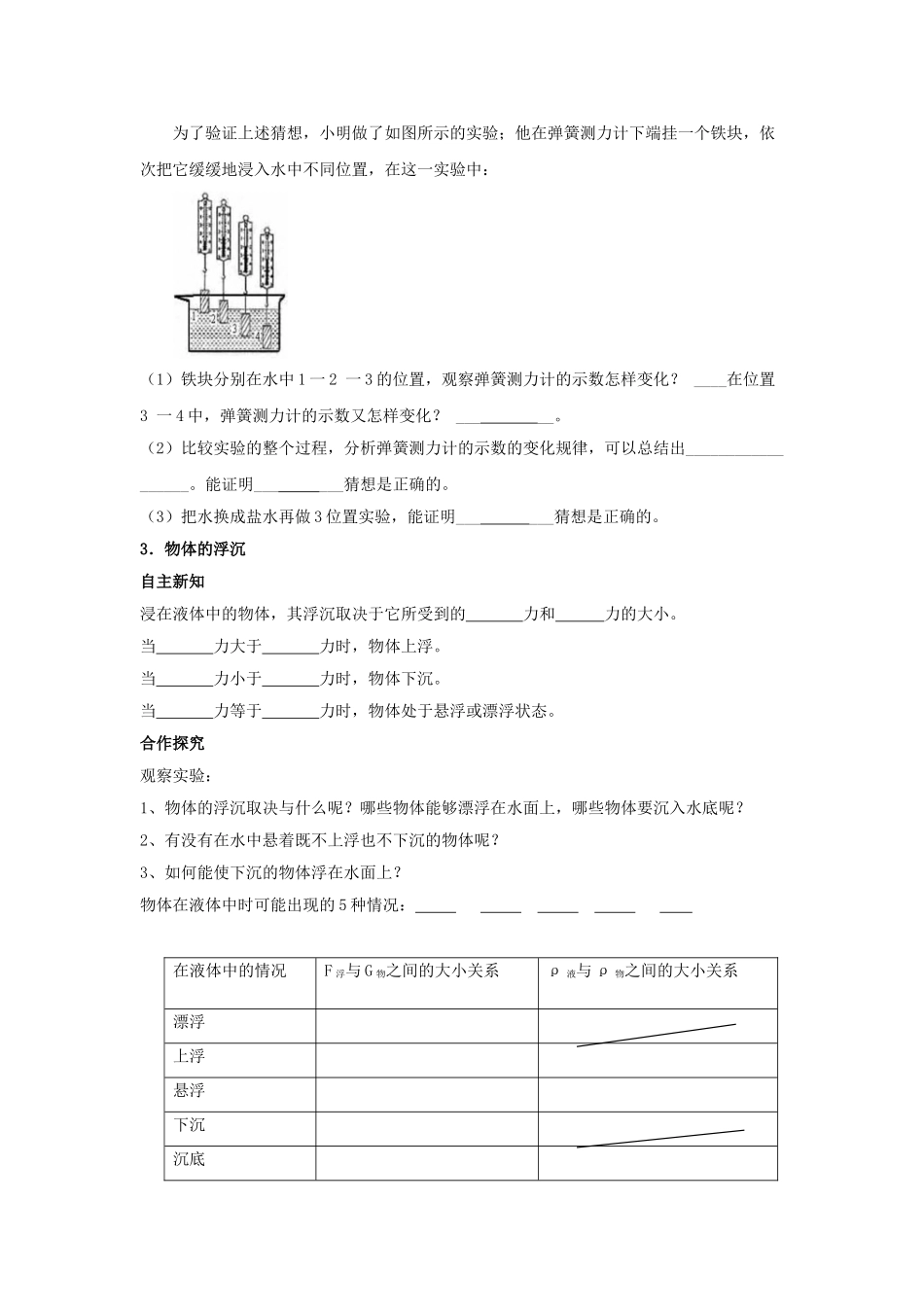 春八年级物理下册 8.1《浮力》学案2（无答案） 鲁教版五四制-鲁教版五四制初中八年级下册物理学案_第2页