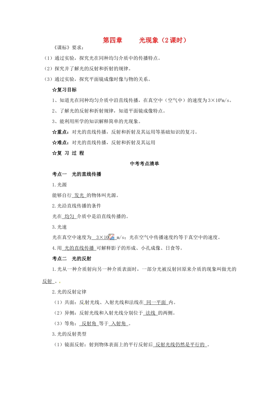 中考物理 第四章 光现象复习导学案-人教版初中九年级全册物理学案_第1页