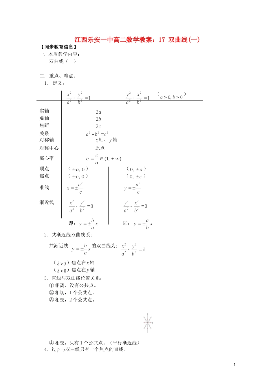 江西乐安一中高二数学 教案17 双曲线(一)_第1页