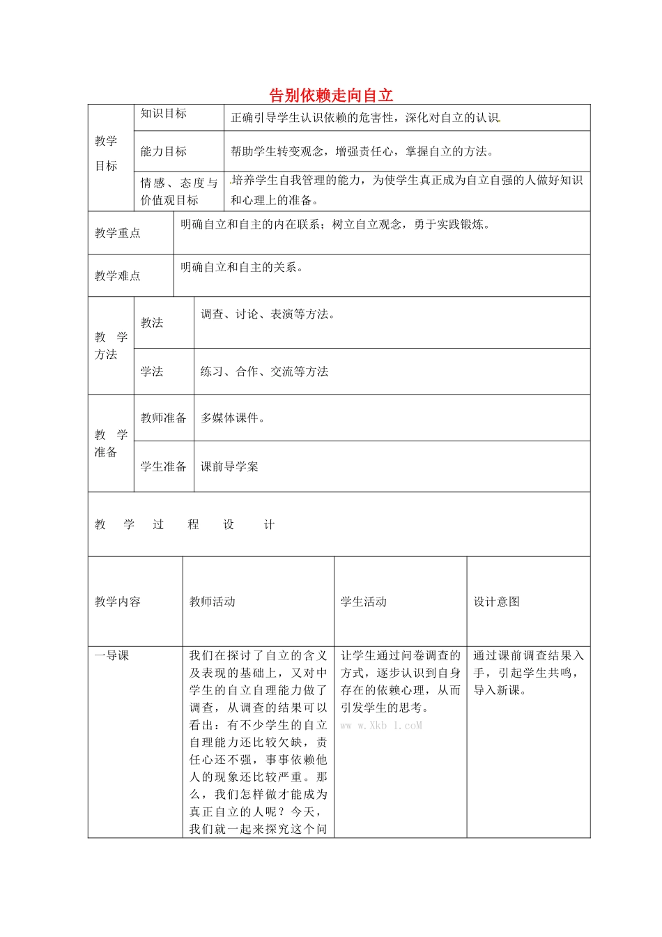 七年级政治下册 第二单元 第三课 第2框 告别依赖，走向自立教学设计 新人教版教材-新人教版教材初中七年级下册政治教学设计_第1页