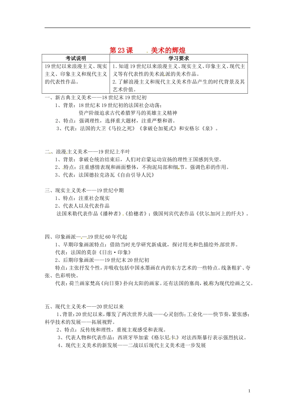 广东省陆河外国语学校高中历史《第23课 美术的辉煌》教案1 新人教版必修3_第1页
