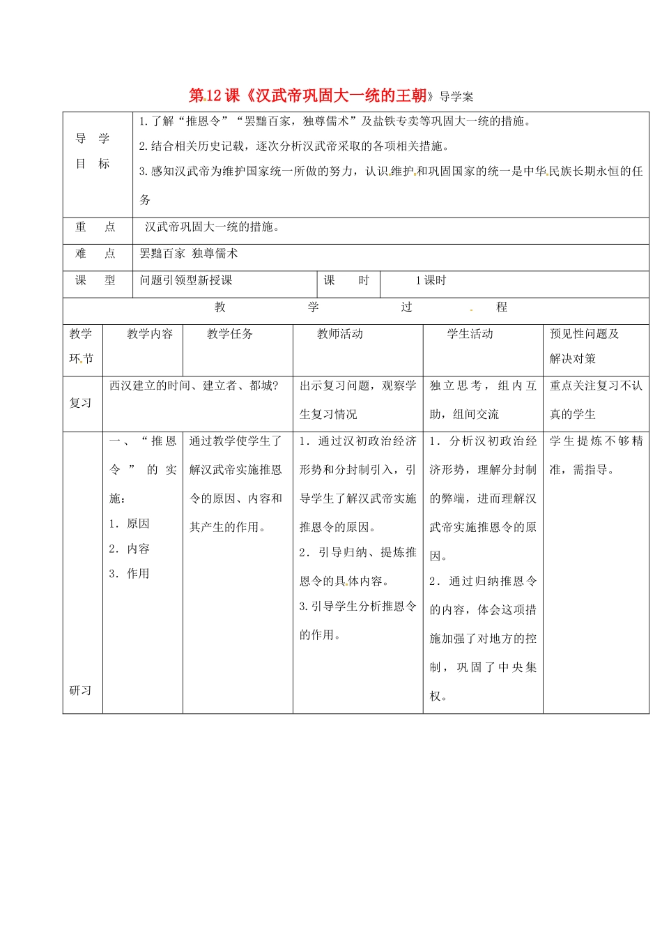 （秋季版）吉林省通化市七年级历史上册 第3单元 第12课《汉武帝巩固大一统的王朝》导学案 新人教版-新人教版初中七年级上册历史学案_第1页
