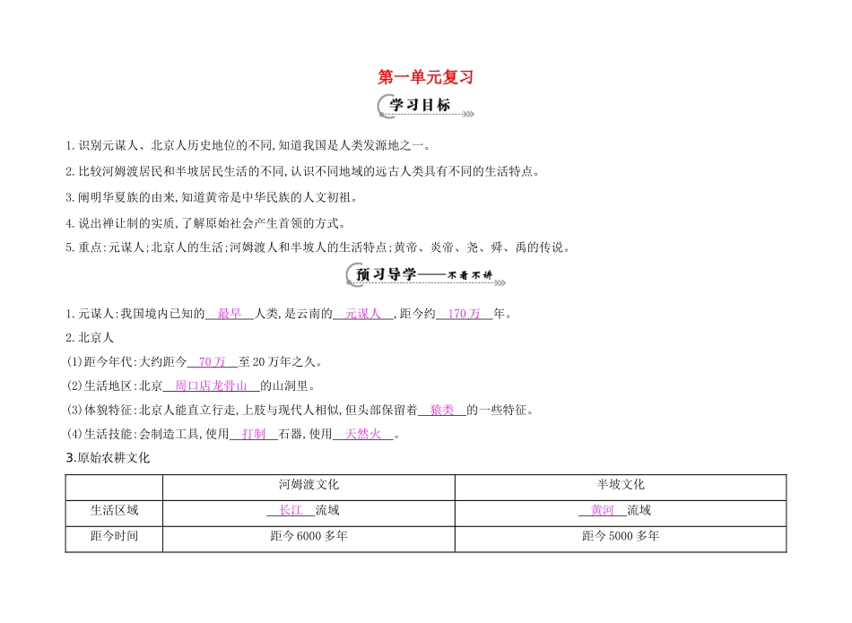 七年级历史上册 第一单元 复习导学案 岳麓版-岳麓版初中七年级上册历史学案_第1页