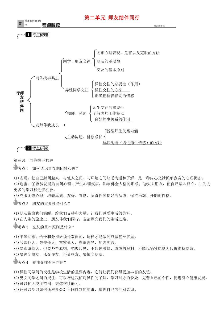 春中考政治 考点梳理复习 八上 第二单元 师友结伴同行学案 新人教版-新人教版初中九年级全册政治学案_第1页