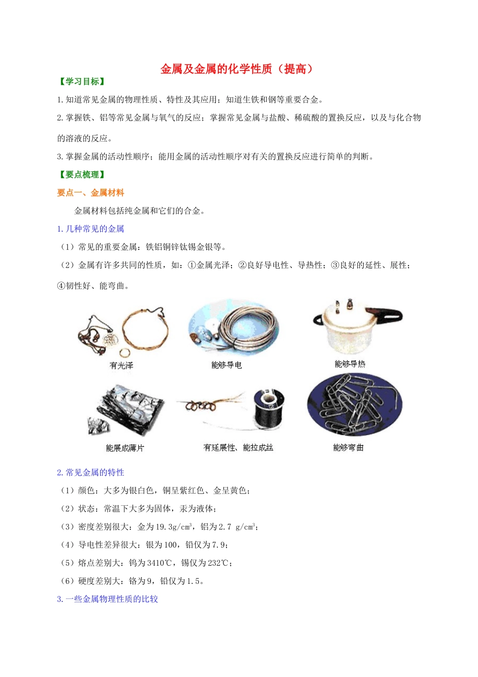 中考化学总复习 金属及金属的化学性质（提高）知识讲解学案（含解析）-人教版初中九年级全册化学学案_第1页