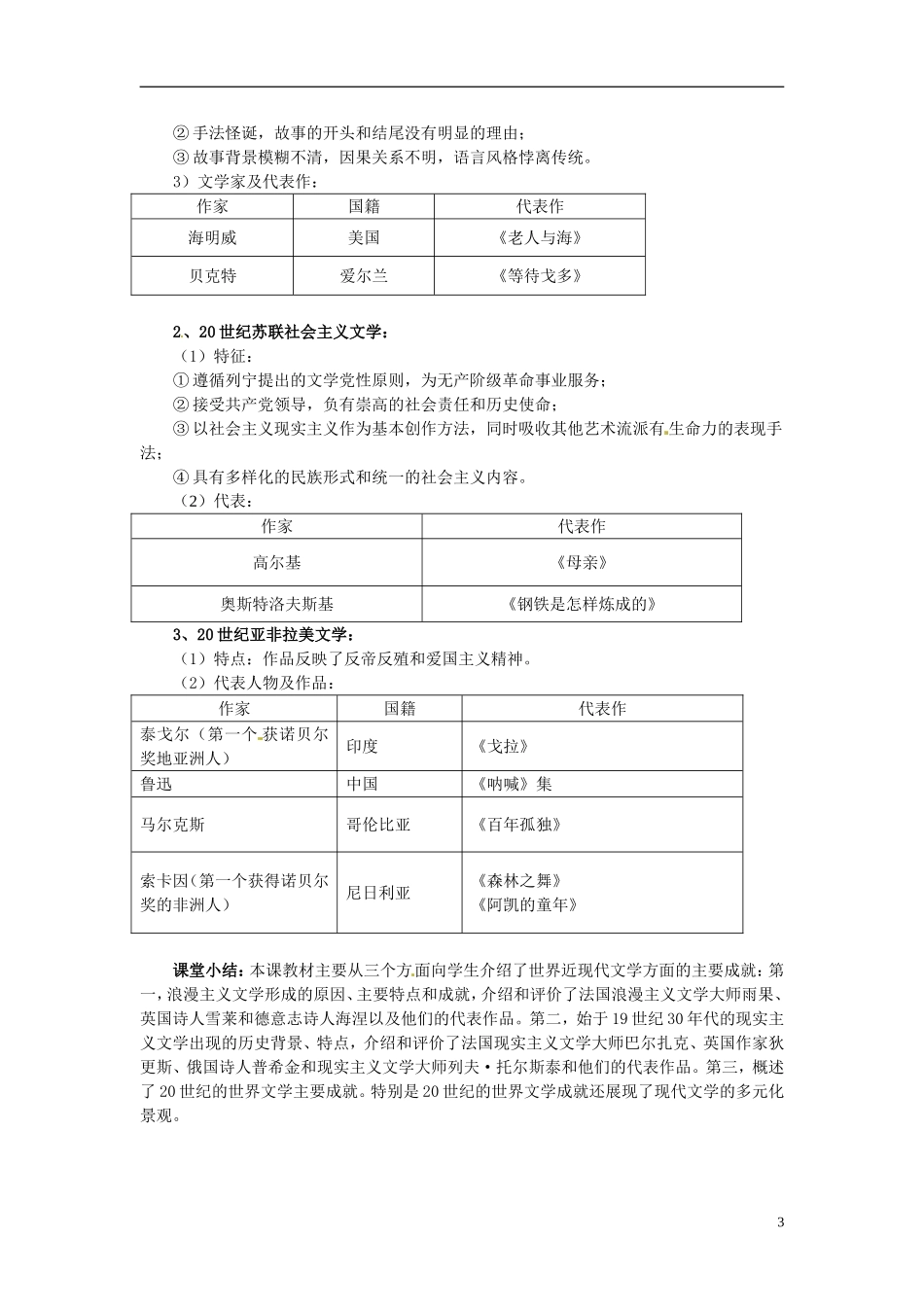 天津市梅江中学高中历史 第二十二课文学的繁荣教案 新人教版必修3_第3页