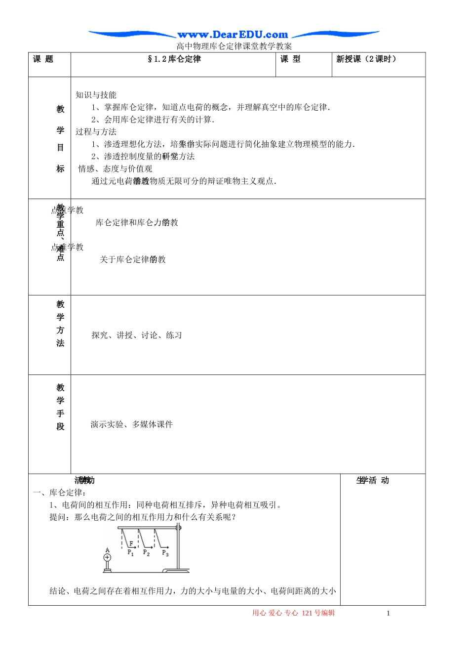 高中物理库仑定律课堂教学教案_第1页