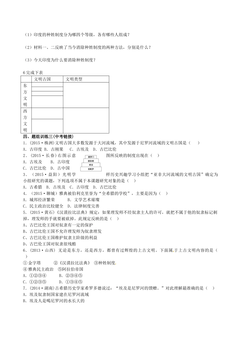 山西省阳泉市平定县中考历史 单元知识复习 第一部分 主题二十 人类文明的开端导学案 华东师大版-华东师大版初中九年级全册历史学案_第3页