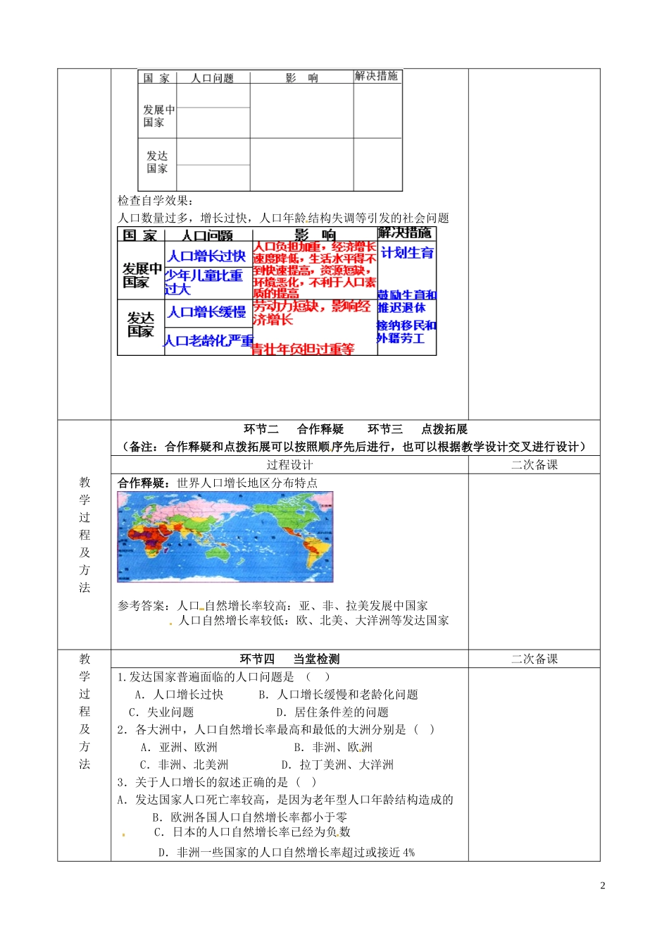江苏省徐州市睢宁县菁华高级中学20014年高中地理 第一单元 第一节 人口增长与人口问题（第二课时）四步教学法教案 鲁教版必修2_第2页
