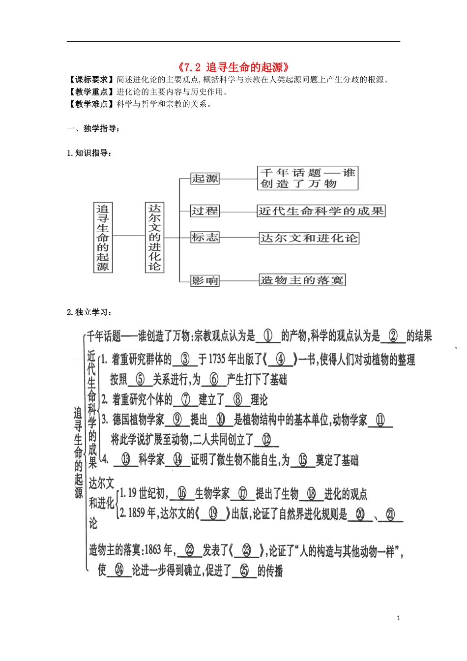 重庆市江津五中高中历史《7.2 追寻生命的起源》教案 人民版必修3_第1页