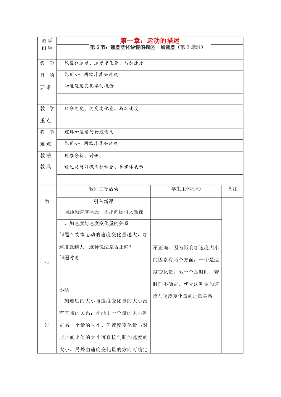 江苏省新沂市第三中学高中物理 第一章《速度变化快慢的描述—加速度》教案（2） 新人教版必修1_第1页