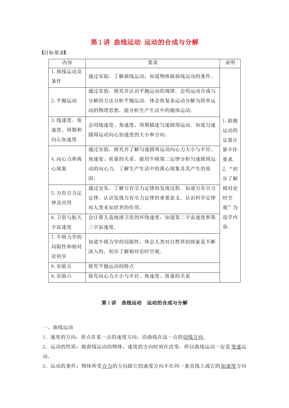 江苏省高考物理一轮复习 第四章 曲线运动 运动的合成与分解 第1讲 曲线运动 运动的合成与分解教案-人教版高三全册物理教案_第1页