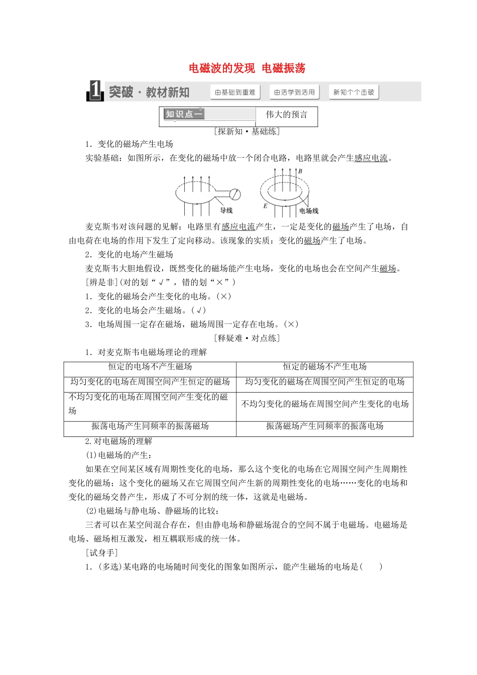 高中物理 第十四章 电磁波 第1、2节 电磁波的发现 电磁振荡讲义（含解析）新人教版选修3-4-新人教版高二选修3-4物理教案_第1页