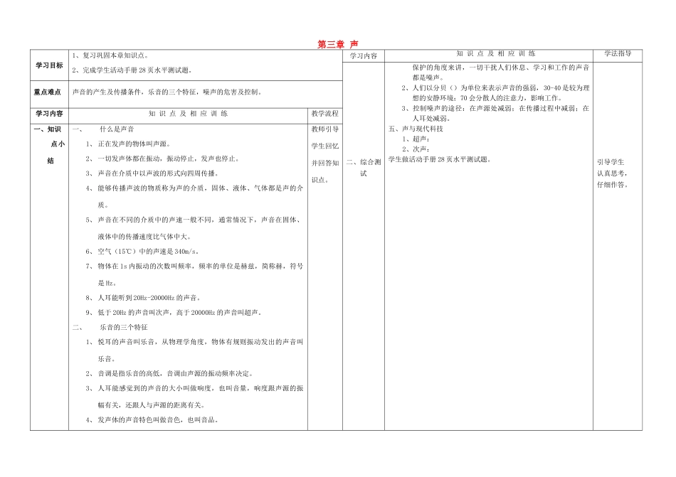 八年级物理上册 第三章 声复习学案 教科版-教科版初中八年级上册物理学案_第1页