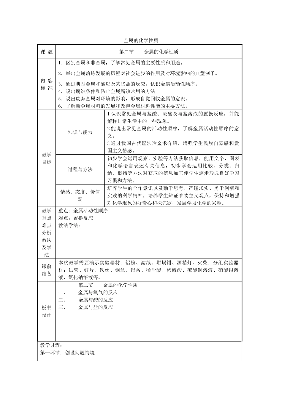 2013年秋九年级化学全册 第九单元 金属 第二节 金属的化学性质名师教案2（新版）鲁教版_第1页